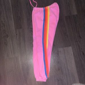 neon pink 5 stripe aviator nation sweatpants